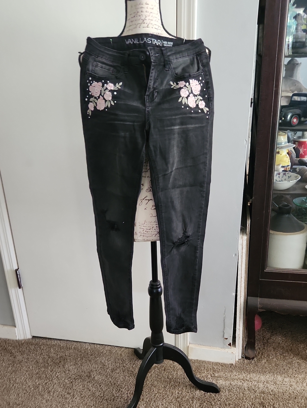 Vanilla Star Black Jeans with Pink Floral Embroidery